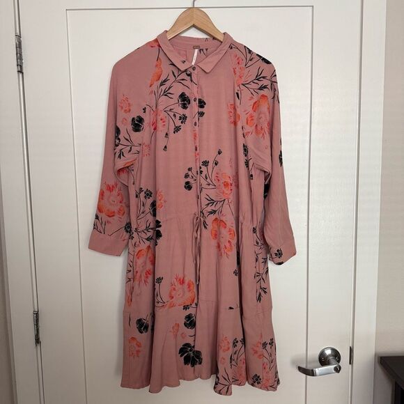 Free People Mini Dress Sz M Pink Floral Button Up Long Sleeve Boho Fest Feminine - Picture 1 of 14